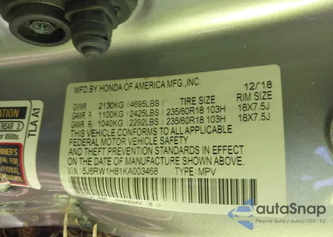 2019 Honda Cr-V Ex-L z USA, uszkodzony, nr VIN 5J6RW1H81KA003468